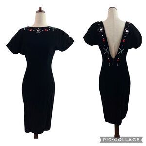 Vintage 80s Datiani Velvet Jeweled Open Back Black Dress